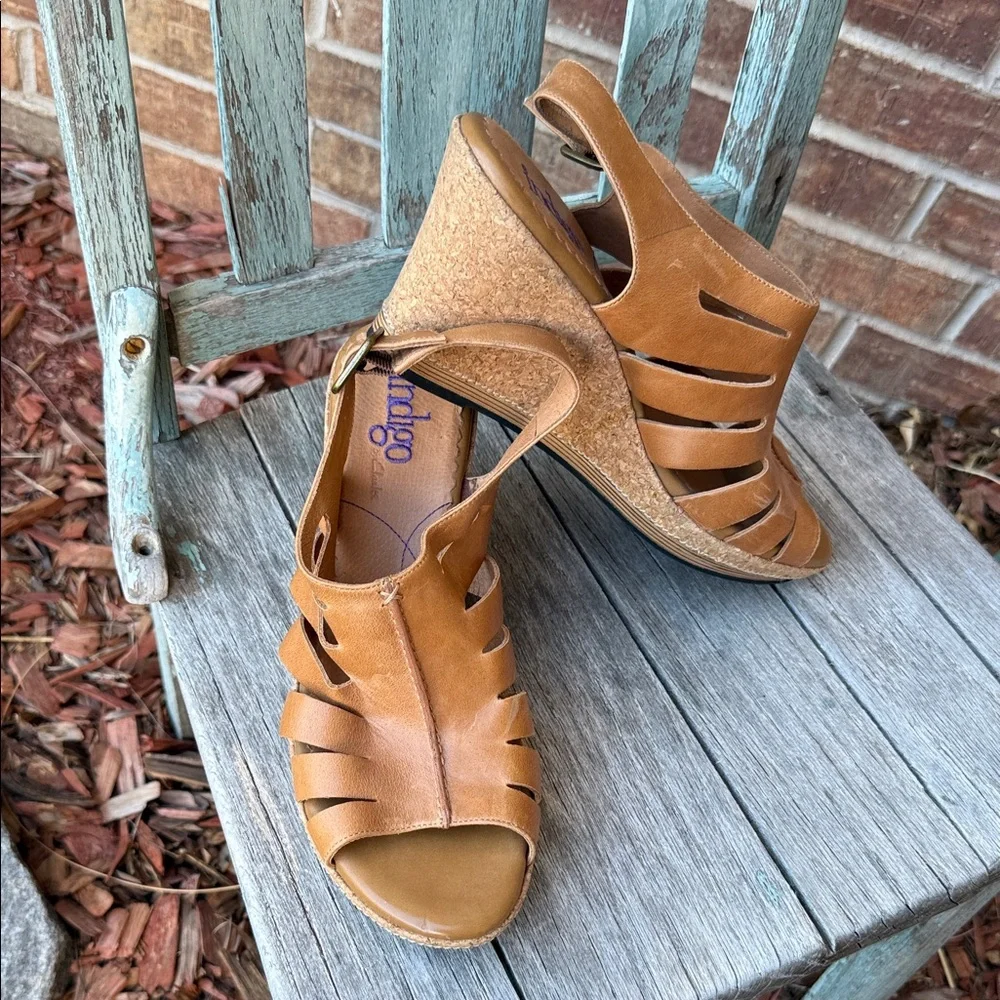 Indigo by Clark’s Women's 12M Tan Adjustable Strappy Cork Wedge Sandals